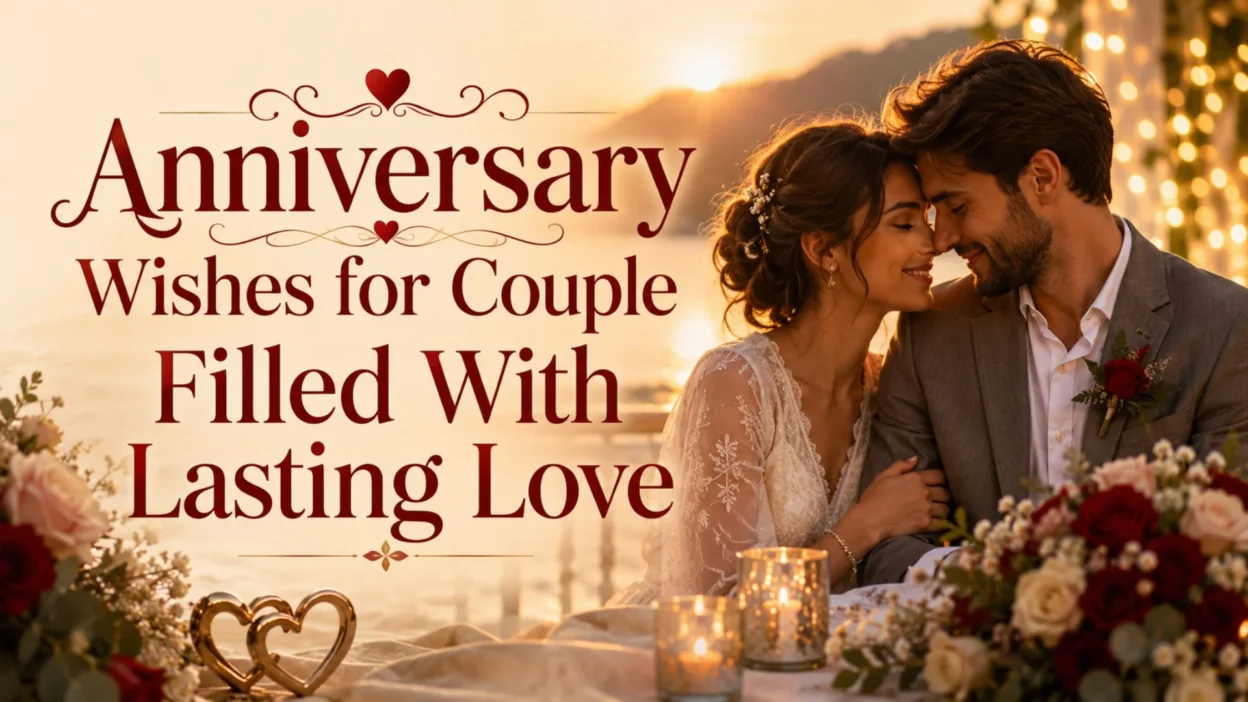 Romantic couple celebrating their anniversary at sunset with roses, candles, and lasting love.