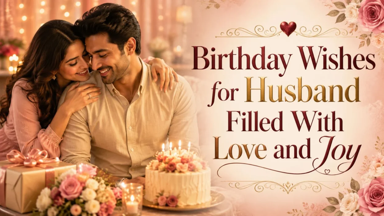 Loving couple celebrating with a birthday cake and the title Birthday Wishes for Husband Filled With Love and Joy.