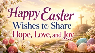 Happy Easter wishes with spring flowers, colorful eggs, sunrise, and crosses symbolizing hope, love, and joy.