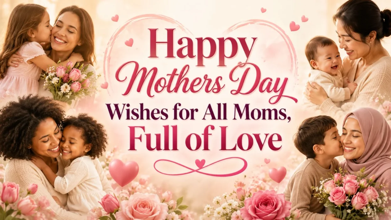 Happy Mothers Day wishes for all moms with loving mothers, children, pink roses, hearts, and warm family moments.