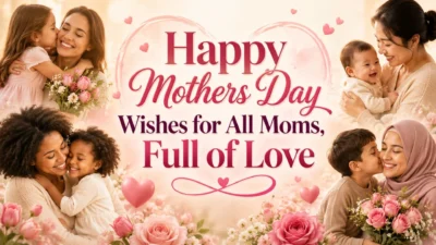 Happy Mothers Day wishes for all moms with loving mothers, children, pink roses, hearts, and warm family moments.