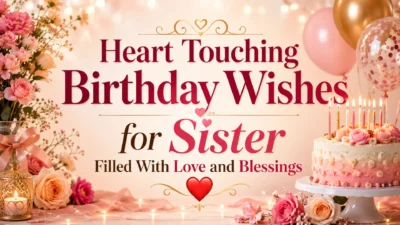Heart touching birthday wishes for sister with pink flowers, balloons, cake, candles, love, and blessings.