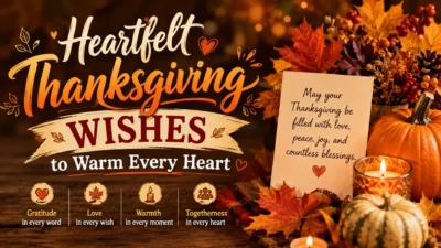 Heartfelt Thanksgiving wishes graphic with pumpkins, autumn leaves, candles, and a warm message of gratitude and love.