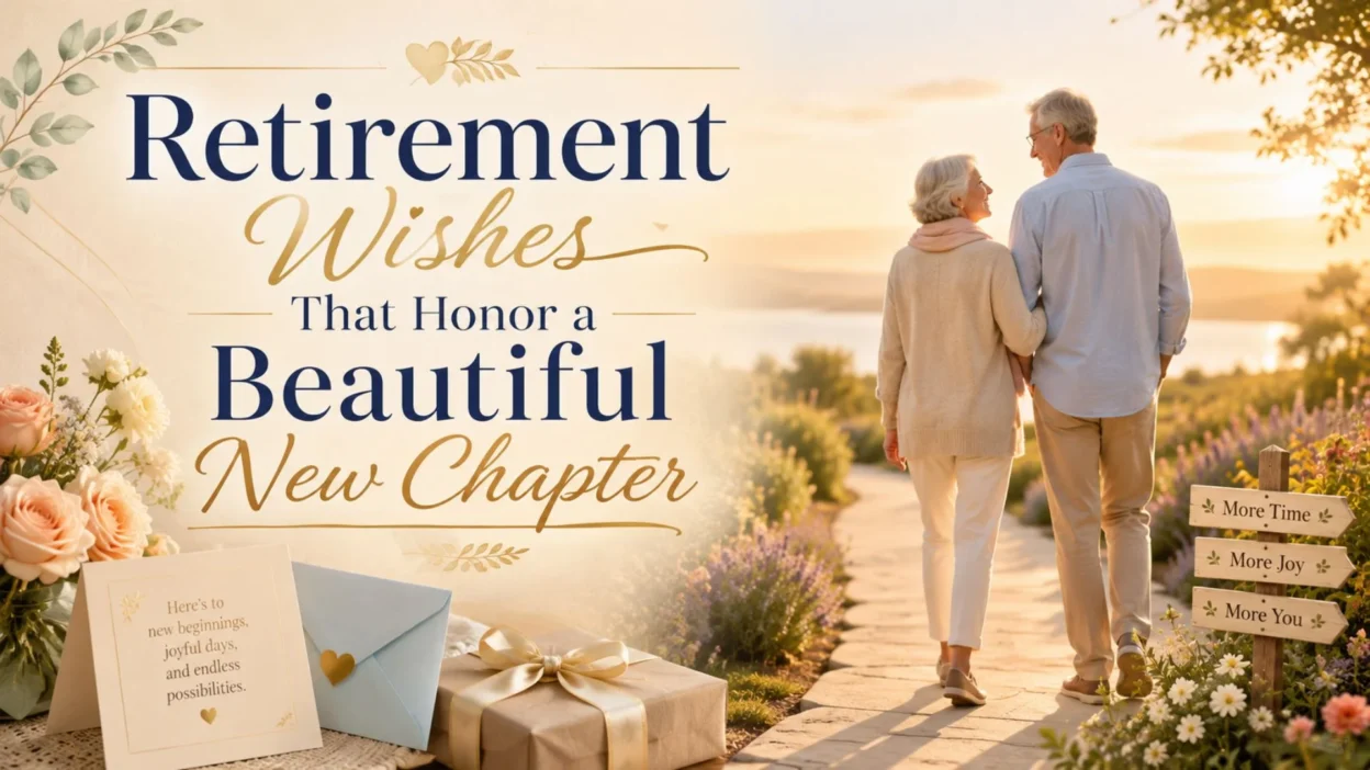 Retired couple walking at sunset with flowers, gifts, and heartfelt retirement wishes for a beautiful new chapter.