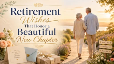 Retired couple walking at sunset with flowers, gifts, and heartfelt retirement wishes for a beautiful new chapter.