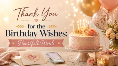 Birthday thank-you banner with cake, candles, balloons, flowers, gift, and a heartfelt gratitude message.