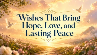 Wishes that bring hope, love, and lasting peace over a golden sunrise with white doves and blooming flowers.