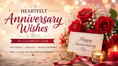 Heartfelt anniversary wishes with red roses, golden hearts, and a Happy Anniversary card