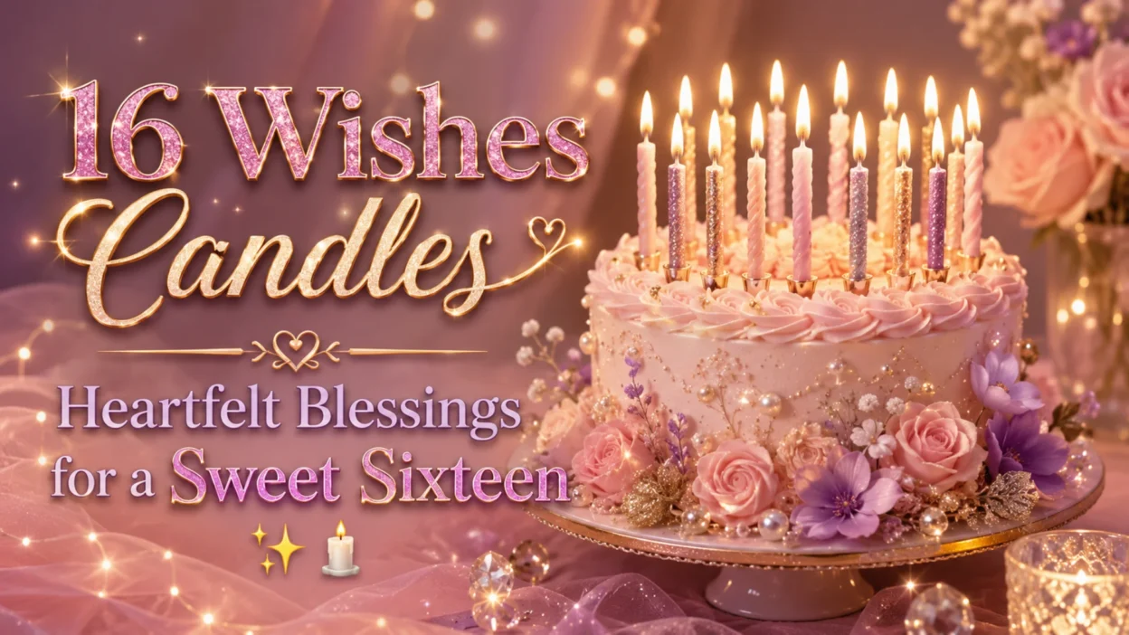 Sweet sixteen birthday cake with 16 lit candles, pink flowers, and heartfelt blessings text in a dreamy pink scene