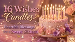 Sweet sixteen birthday cake with 16 lit candles, pink flowers, and heartfelt blessings text in a dreamy pink scene