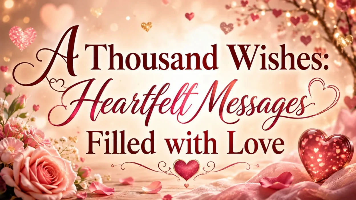 A Thousand Wishes heartfelt messages banner with pink roses, glowing hearts, and warm romantic lights.