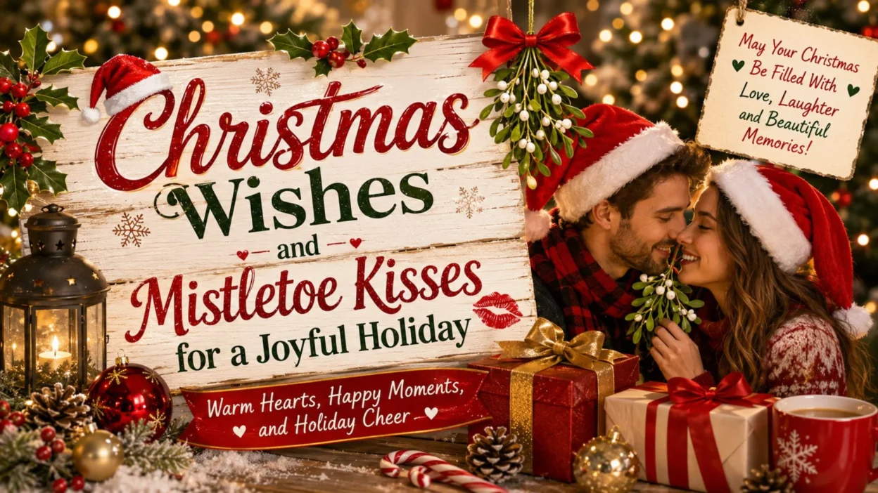Christmas wishes and mistletoe kisses with festive holiday decorations.