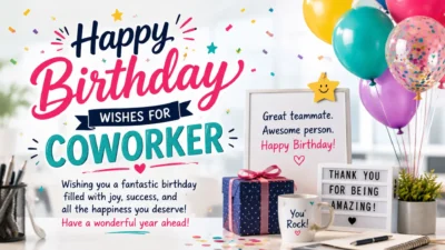 Happy birthday wishes for a coworker with balloons and gifts