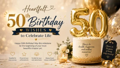 Heartfelt 50th birthday wishes image with gold balloons, elegant cake, and warm celebration decor