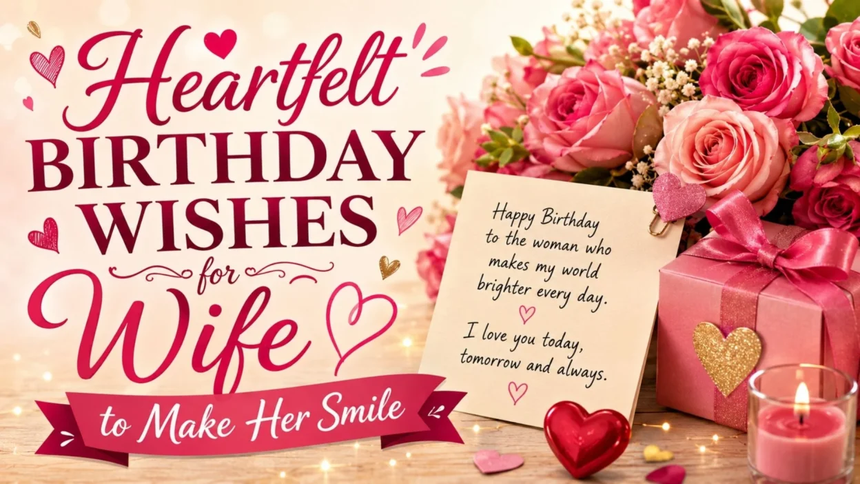 Heartfelt birthday wishes for wife with roses, gift, and romantic birthday card