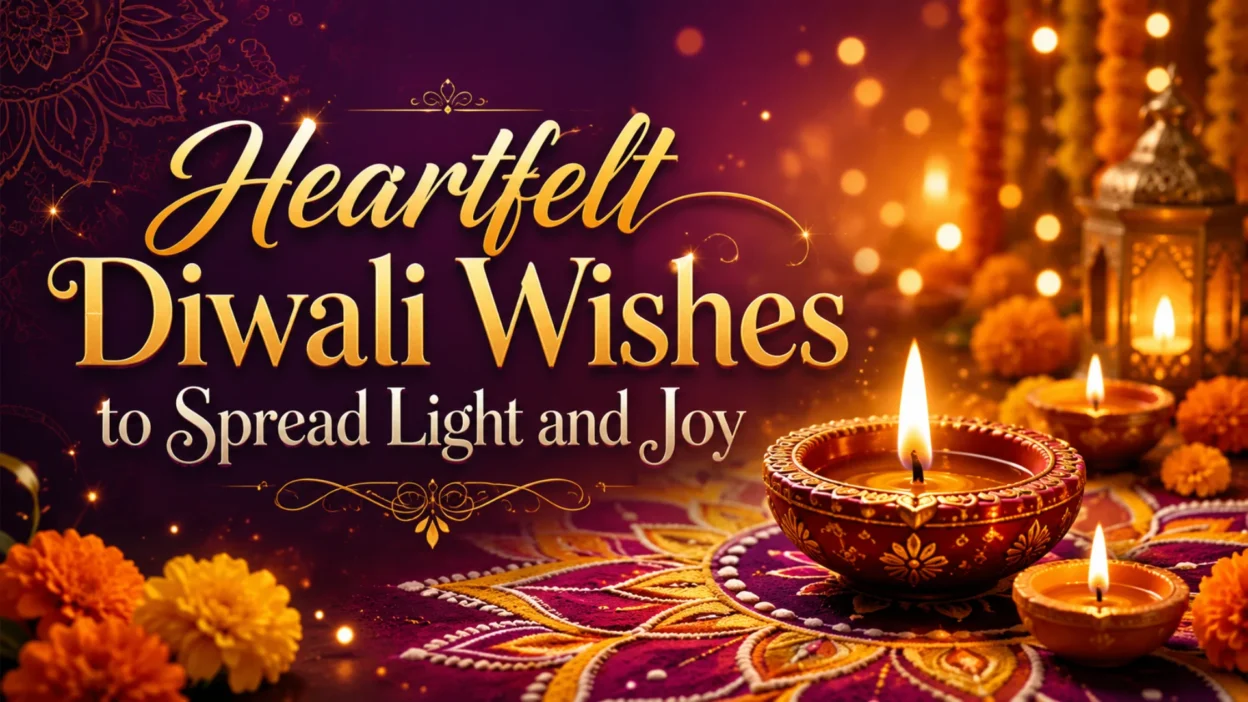 Diwali wishes image with glowing diyas, rangoli, and festive lights spreading joy, warmth, and celebration.