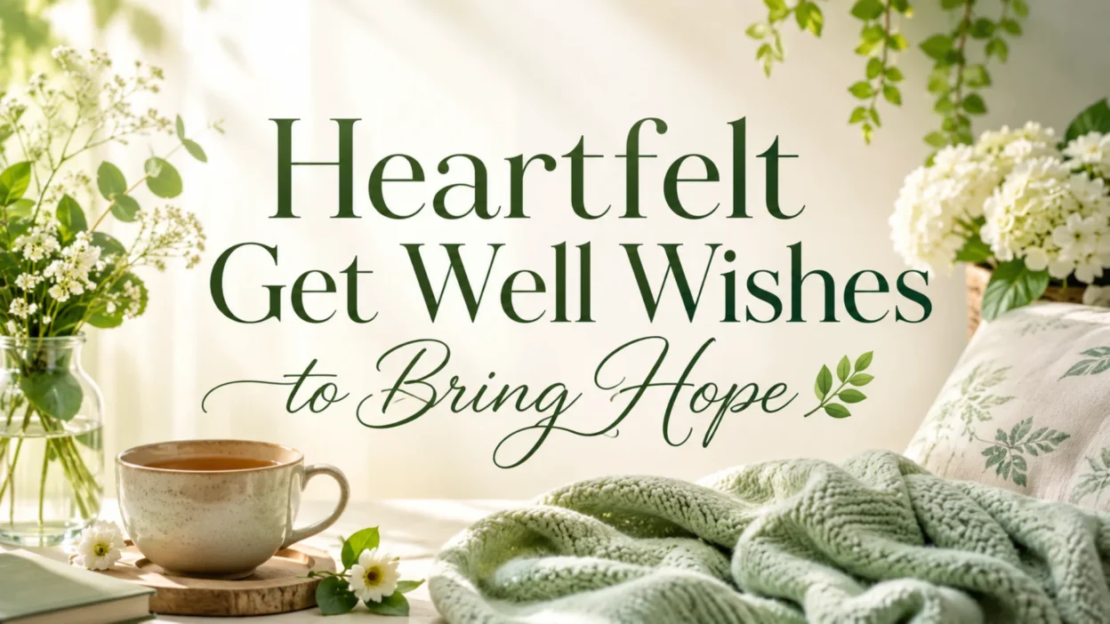 Heartfelt get well wishes image with soothing greenery, tea, flowers, and a cozy blanket to inspire hope
