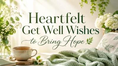 Heartfelt get well wishes image with soothing greenery, tea, flowers, and a cozy blanket to inspire hope