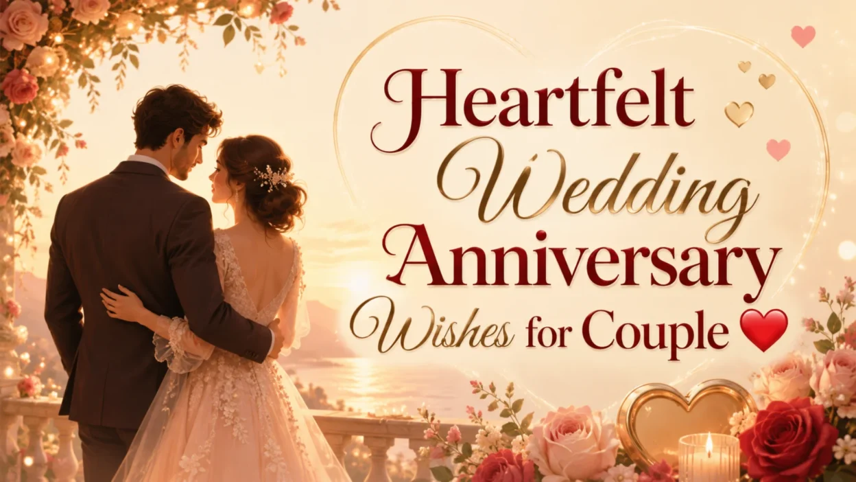 Romantic wedding anniversary wishes image for couple with sunset background, flowers, and heartfelt love theme.