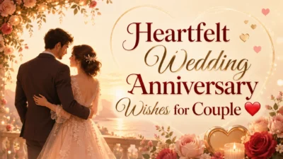 Romantic wedding anniversary wishes image for couple with sunset background, flowers, and heartfelt love theme.