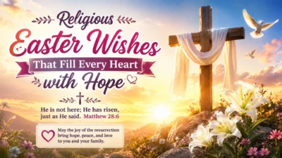 Religious Easter wishes image with a glowing cross, white lilies, doves, and a peaceful sunrise filled with hope.