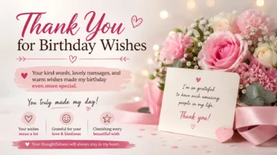 Thank you for birthday wishes banner with pink roses, heartfelt message, and elegant floral gratitude design