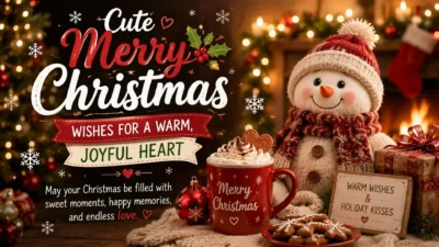 Cute Merry Christmas wishes with a cozy snowman and holiday decor