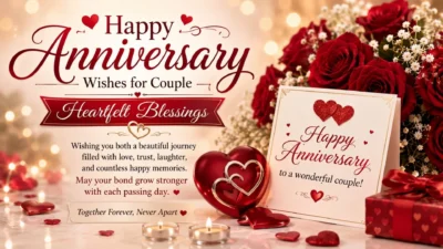 Happy anniversary wishes for a couple with roses and hearts