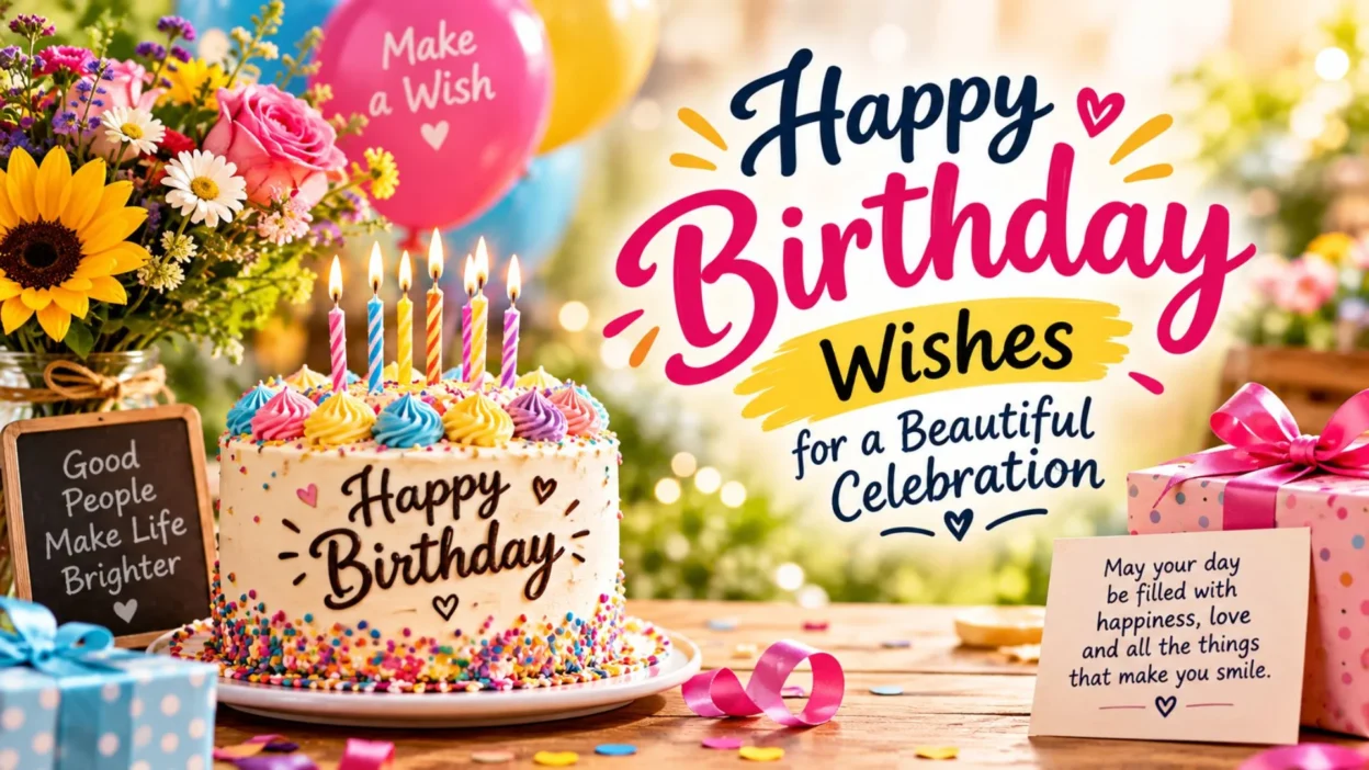 Happy Birthday wishes with cake, flowers, balloons, and gifts