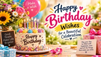 Happy Birthday wishes with cake, flowers, balloons, and gifts