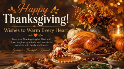 Happy Thanksgiving wishes with a festive turkey dinner and autumn decorations.