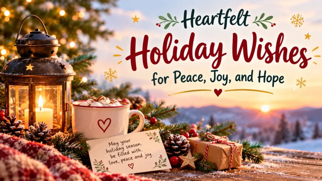 Heartfelt holiday wishes for peace, joy, and hope with a cozy lantern, warm drink, gift, and snowy background