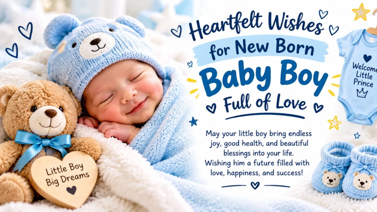 Heartfelt wishes for a newborn baby boy surrounded by teddy bears and baby essentials Heartfelt wishes for a newborn baby boy surrounded by teddy bears and baby essentials