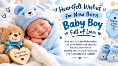 Heartfelt wishes for a newborn baby boy surrounded by teddy bears and baby essentials Heartfelt wishes for a newborn baby boy surrounded by teddy bears and baby essentials