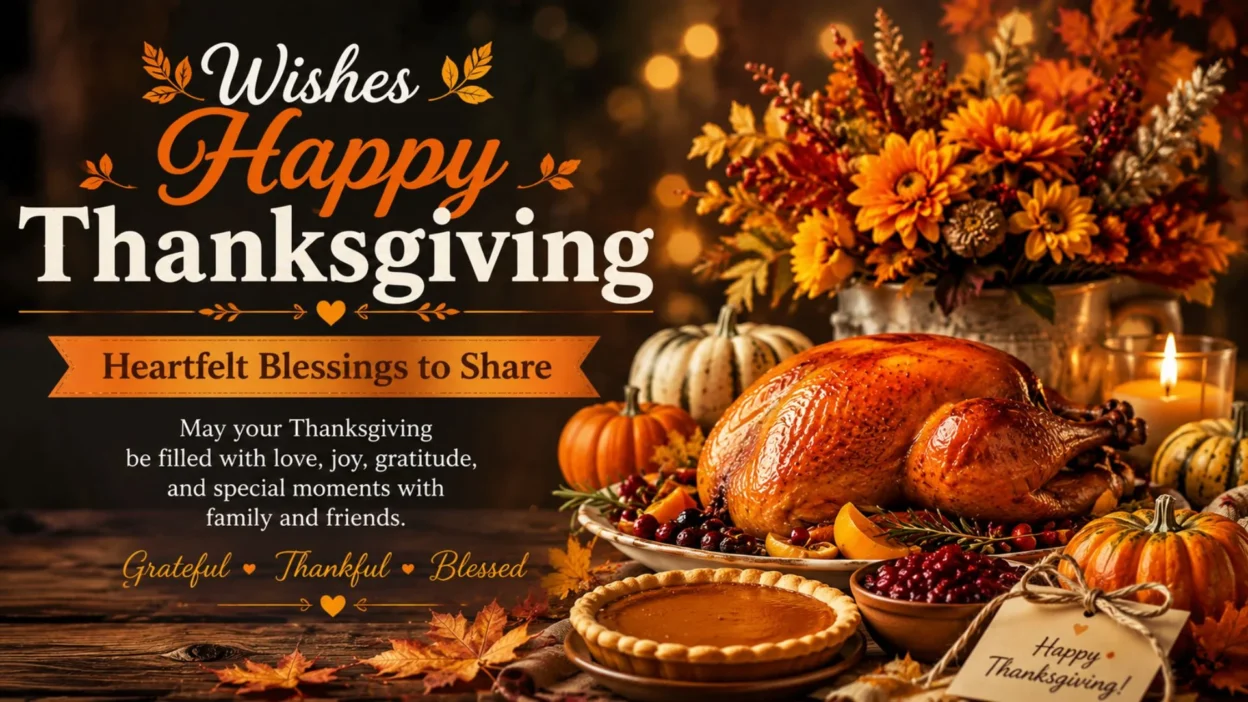 Happy Thanksgiving wishes with a roasted turkey, pumpkins, flowers, and autumn décor.