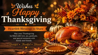 Happy Thanksgiving wishes with a roasted turkey, pumpkins, flowers, and autumn décor.