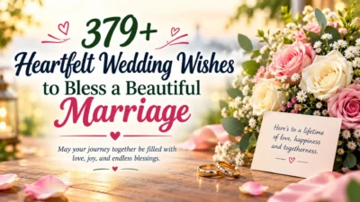 379+ heartfelt wedding wishes to bless a beautiful marriage, featuring roses, golden wedding rings, and a wedding blessing.