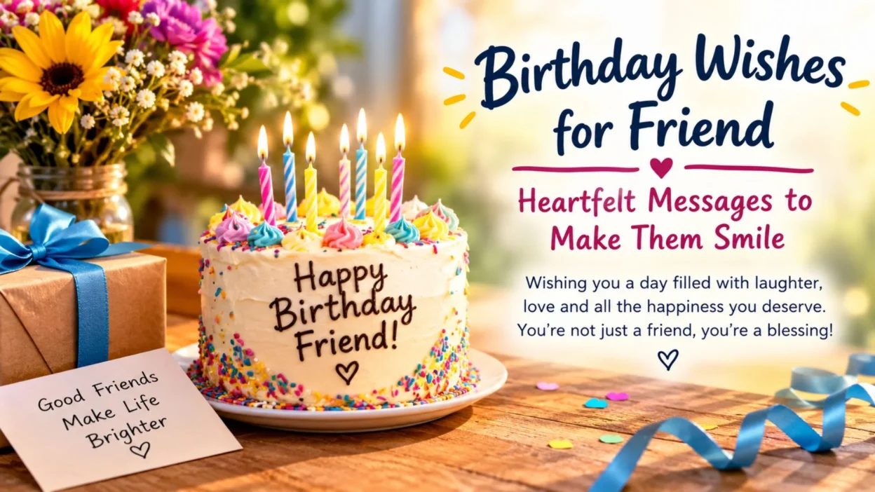 Birthday wishes for a friend with a colorful cake, flowers, and gifts.