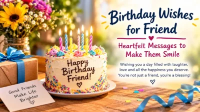Birthday wishes for a friend with a colorful cake, flowers, and gifts.