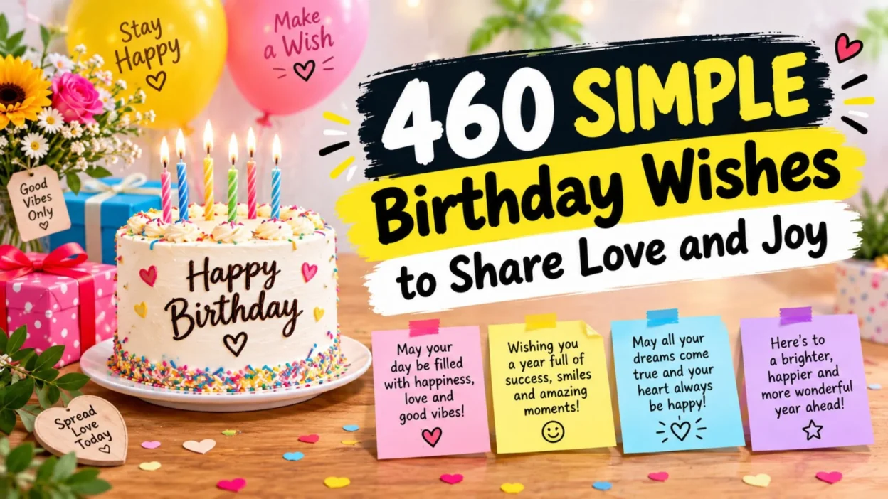 460 simple birthday wishes to share love and joy with a birthday cake, colorful balloons, and gifts