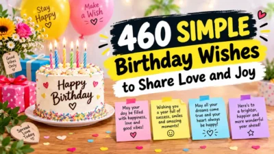 460 simple birthday wishes to share love and joy with a birthday cake, colorful balloons, and gifts