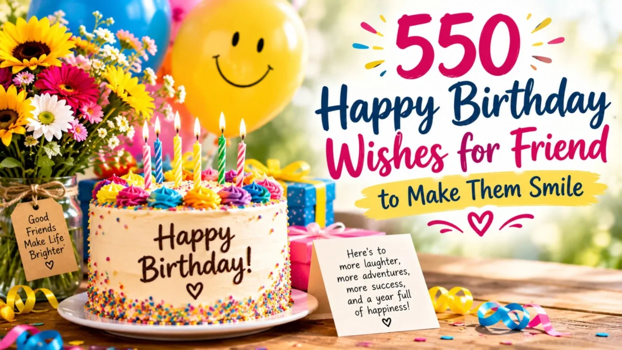 550 happy birthday wishes for a friend to make them smile with a colorful birthday cake, balloons, gifts, and festive decorations.