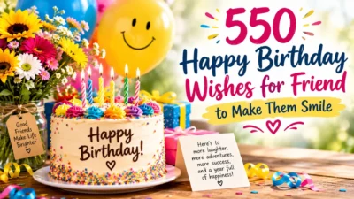 550 happy birthday wishes for a friend to make them smile with a colorful birthday cake, balloons, gifts, and festive decorations.