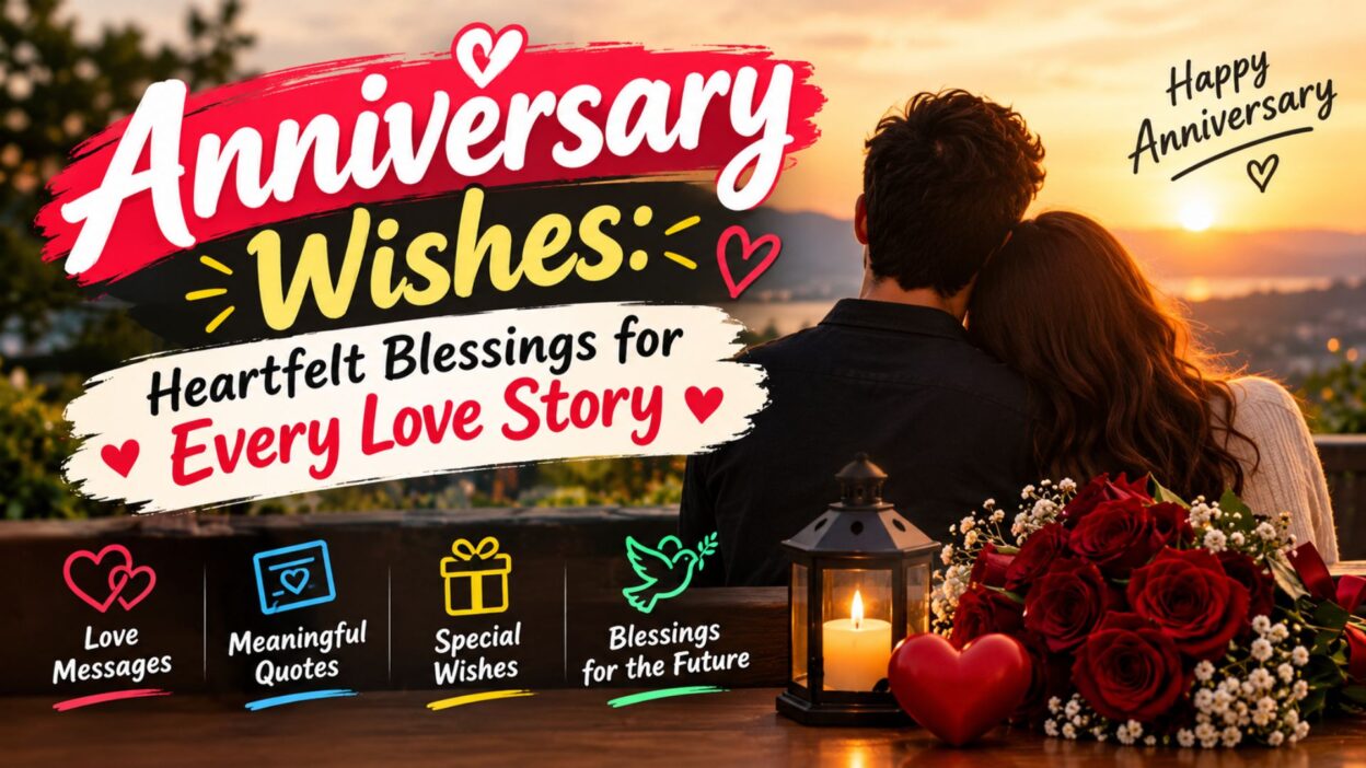 Anniversary wishes with heartfelt blessings for every love story, featuring a romantic sunset, red roses, and a loving couple.