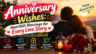 Anniversary wishes with heartfelt blessings for every love story, featuring a romantic sunset, red roses, and a loving couple.