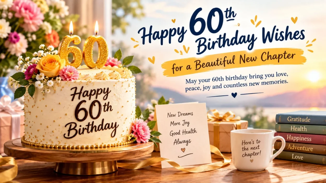 Happy 60th birthday wishes with a decorated birthday cake, flowers, gifts, and a beautiful new chapter message