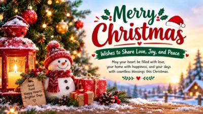 Merry Christmas wishes banner with a festive snowman, glowing lantern, wrapped gifts, snowy pine branches, and a warm winter cabin background.
